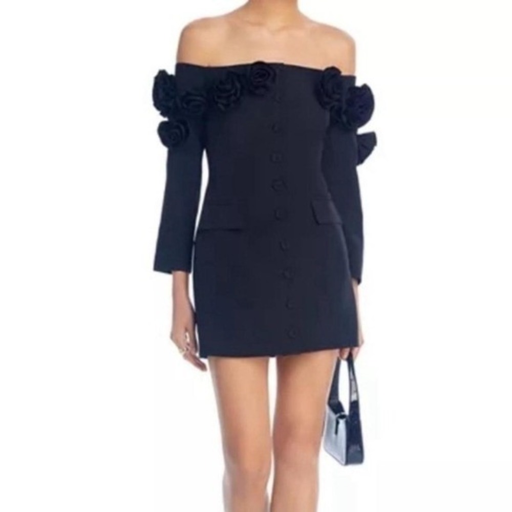 Lucy Paris Black Off The Shoulder Rosette Mini Dress Button Front 3/4 Sleeve S